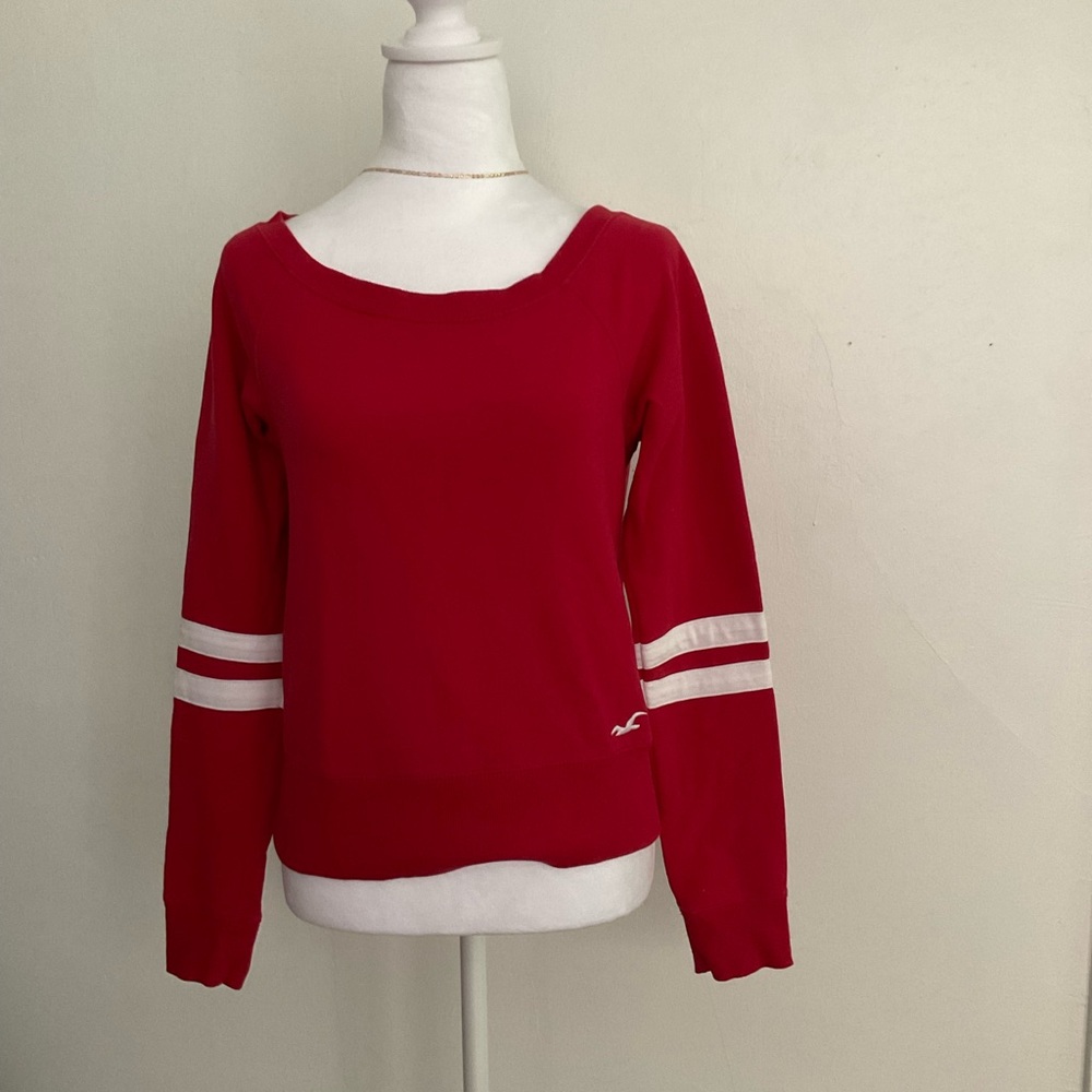 Hollister Red Sweater with White Sleeve Stripes